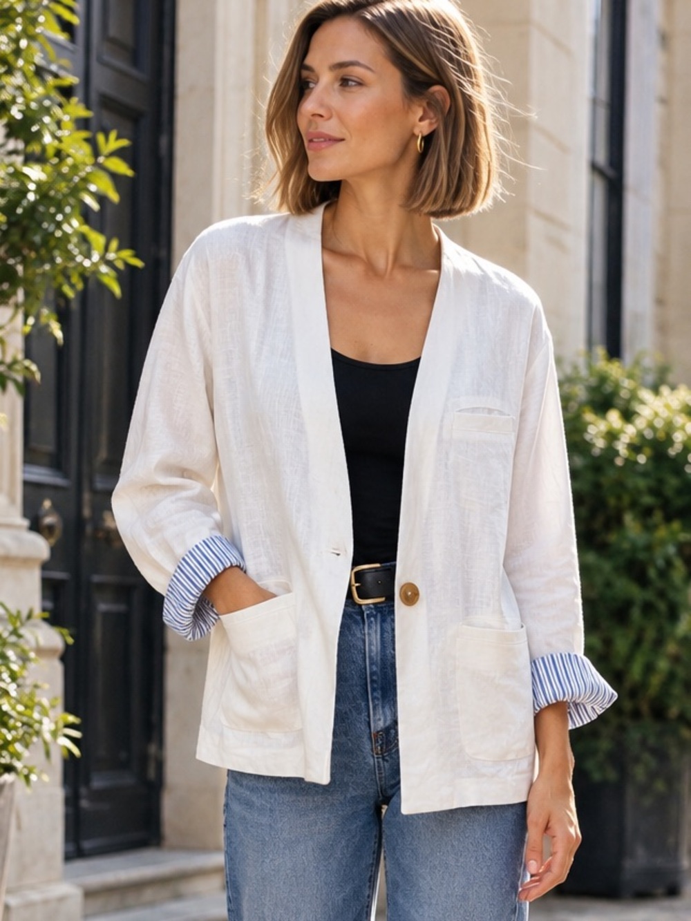FREE PEOPLE Coastal Off-White Linen Blend Contrasting Lining Oversized Blazer, S